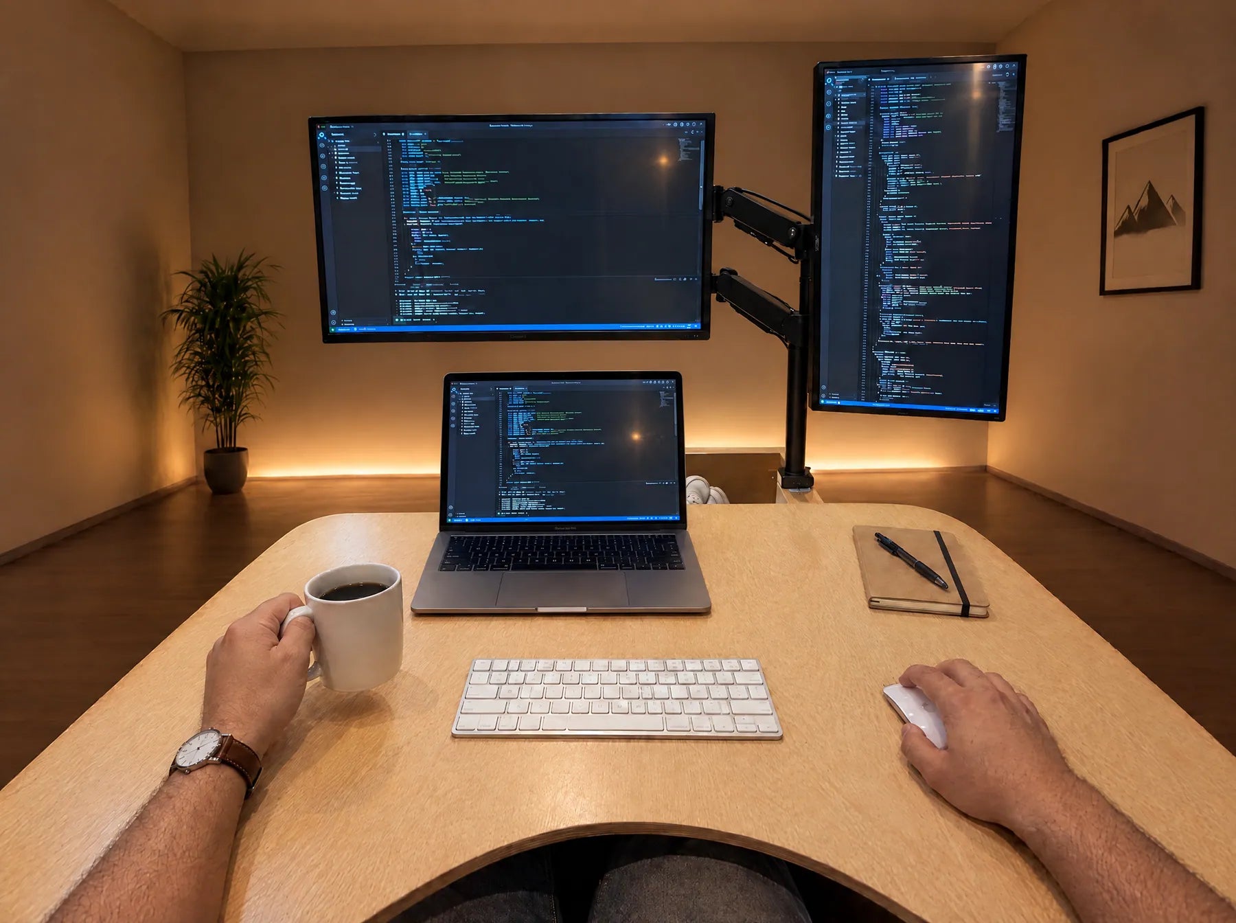 منظر من ChairLounge لشاشتين ولابتوب وكوب قهوة على المكتب المدمج